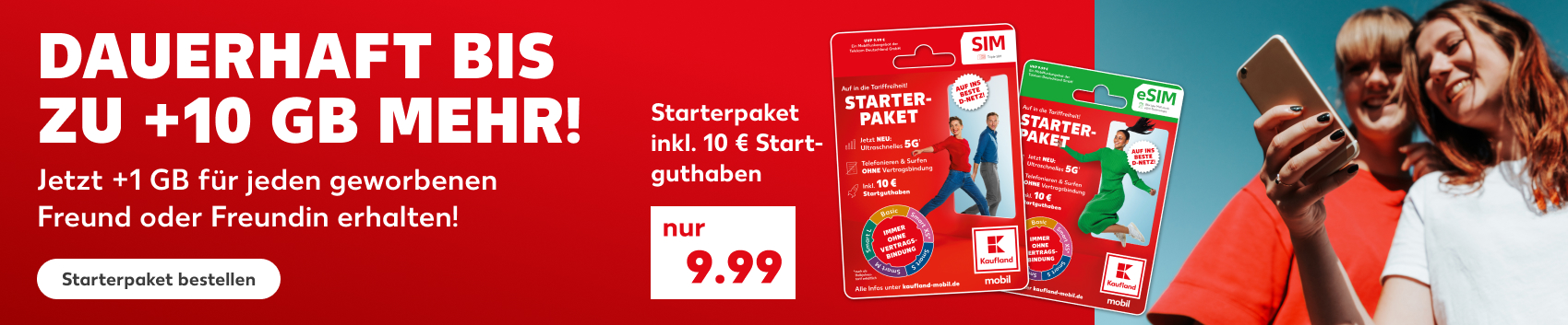 Werbebanner zur Freunde werben Aktion von Kaufland mobil mit grafischem Motiv und Hinweis auf zusätzliche Vorteile für Teilnehmer