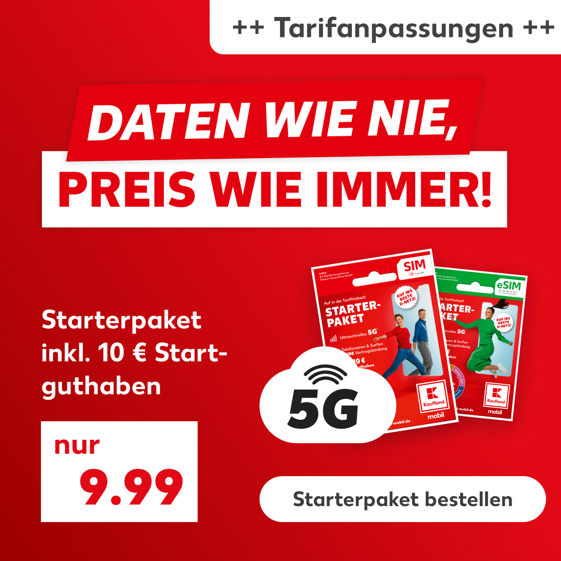 Werbebanner zur Kaufland mobil Tarifanpassung mit Hinweis auf neue Datenmengen und 5G